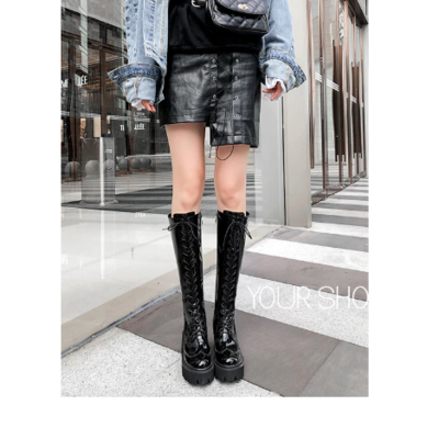 High quality black patent leather knee high boots
