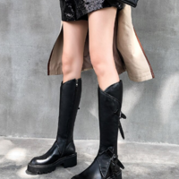 Genuine Leather Women's Boots in Black and Beige - Thumbnail 3