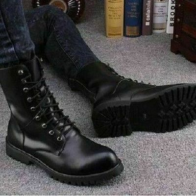 New-men handmade leather shoes military style combat black ankle high boots - Thumbnail 4