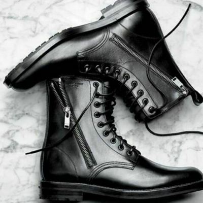 Handmade men black lace up & zipper,black military style ankle boots combat boot - Thumbnail 4