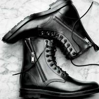 Handmade Men Black Lace Up & Zipper,Black Military Style Ankle Boots Combat Boot - Thumbnail 4