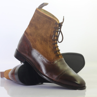 Handmade Men's Ankle High Brown Cap Toe Leather Suede Lace Up Boots - Thumbnail 1