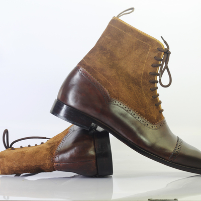 Handmade men's ankle high brown cap toe leather suede lace up boots - Thumbnail 3