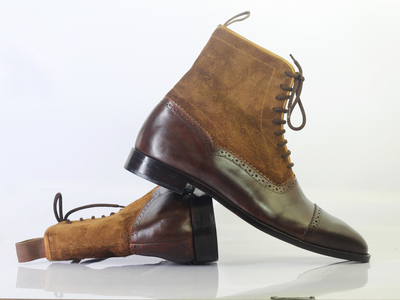 Handmade Men's Ankle High Brown Cap Toe Leather Suede Lace Up Boots