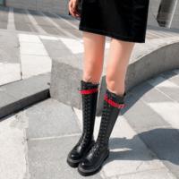 High Quality Gothic Black Knee High Leather Motorcycle Boots - Thumbnail 1