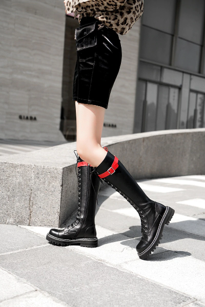 High Quality Gothic Black Knee High Leather Motorcycle Boots