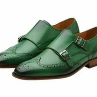 New Men Green Burnished Brogue Toe Monk Double Buckle Straps Leather Shoes - Thumbnail 1