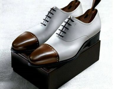 Brown White Leather men lace up dress shoes custom made patina finish shoes