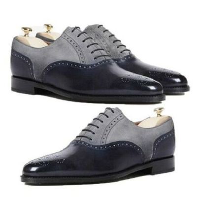 Handmade men's black & gray brogue toe leather & suede derby dress shoes
