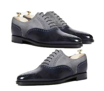 Handmade Men's Black & Gray Brogue Toe Leather & Suede Derby Dress Shoes
