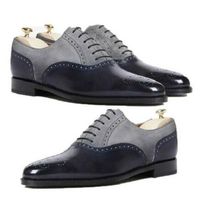 Handmade Men's Black & Gray Brogue Toe Leather & Suede Derby Dress Shoes - Thumbnail 1