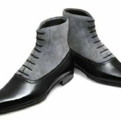 Men high ankle two tone gray suede black genuine leather handmade laceup boots - Thumbnail 3