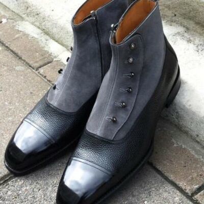 Handmade black grey button boots men suede leather button boot, button boot mens - Thumbnail 4