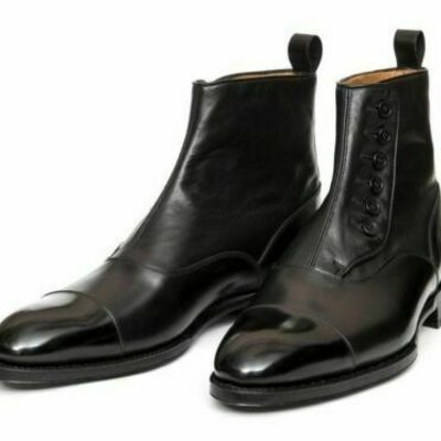 Handmade mens cap toe leather dress boots, men black leather button boots - Thumbnail 2