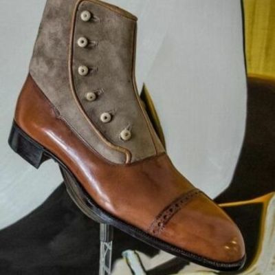 Handmade men,s tan grey button boot, men suede and leather boot, men ankle boot - Thumbnail 4