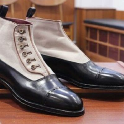 New handmade men button boots, black leather and white suede dress boots for men - Thumbnail 5