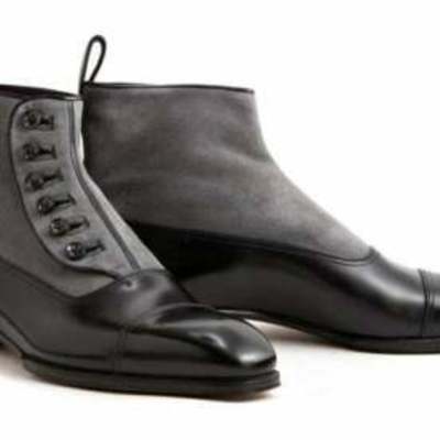 Men's black leather with suede grey button boots men's black button boots - Thumbnail 5