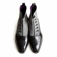 Men's black leather with suede Grey button boots men's black button boots - Thumbnail 1