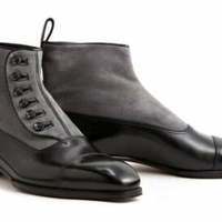 Men's black leather with suede Grey button boots men's black button boots - Thumbnail 4