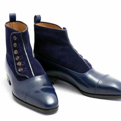 Men navy blue color high ankle derby cap toe suede genuine leather button boots - Thumbnail 4