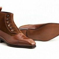 Men High Ankle Two Tone Brown Derby Cap Toe Genuine Suede Leather Button Boots - Thumbnail 1