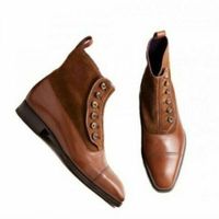 Men High Ankle Two Tone Brown Derby Cap Toe Genuine Suede Leather Button Boots - Thumbnail 4