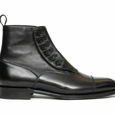 Men's handmade black high ankle rounded derby cap toe real leather button boots - Thumbnail 4
