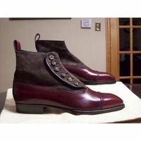 Men's High Ankle Burgundy Color Derby Cap Toe Brown Suede Leather Button Boots - Thumbnail 1