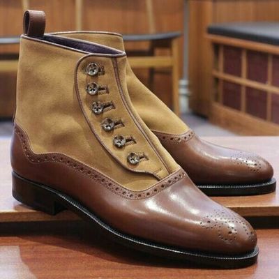 Two tone brown tan color superior leather high ankle party wear button boots - Thumbnail 5