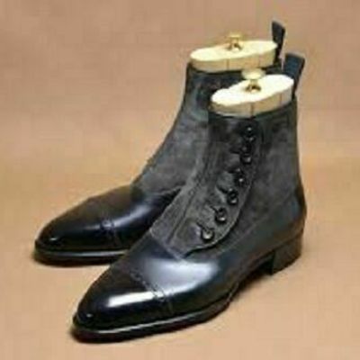 Handmade two tone button boot, men genuine suede leather hand stitch ankle boot - Thumbnail 4