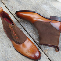 Rounded Brogues Toe Brown Color Tweed Leather High Ankle Party Wear Button Boots - Thumbnail 4