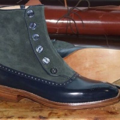 Two tone blue gray high ankle premium suede leather men brown sole button boots - Thumbnail 4