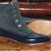 Two Tone Blue Gray High Ankle Premium Suede Leather Men Brown Sole Button Boots - Thumbnail 4