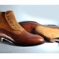 Button Tan Brown Two Tone Made To Order Premium Leather High Ankle Men Boots - Thumbnail 4