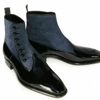 Handcrafted Blue Black Genuine Leather High Ankle Men Party Wear Button Boots - Thumbnail 1