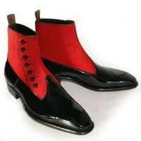 Men's Two Tone Red Black Plain Toe High Ankle Suede Real Leather Button Boots - Thumbnail 4