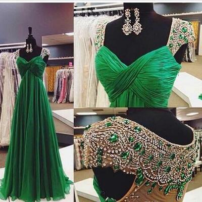 Luxury emerald green long evening dresses a line empire capped sleeves with beads crystals long prom party gowns custom made 