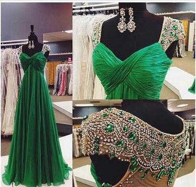 Luxury Emerald Green Long Evening Dresses A Line Empire Capped Sleeves With Beads Crystals Long Prom Party Gowns Custom Made 