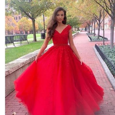 Long red prom dresses women deep a line v neck lace appliques sweep train formal prom evening dresses