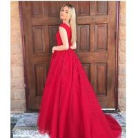 Long Red Prom Dresses Women Deep A Line V Neck Lace Appliques Sweep Train Formal Prom Evening Dresses - Thumbnail 1