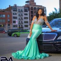 Sky Blue Beaded Mermaid Black Girls Prom Dresses 2020 Sexy V-Neck African Evening Party Dress Long robe de soiree - Thumbnail 1