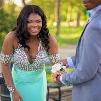 Sky Blue Beaded Mermaid Black Girls Prom Dresses 2020 Sexy V-Neck African Evening Party Dress Long robe de soiree - Thumbnail 3