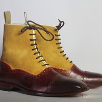Handmade Men's Ankle High Burgundy & Tan Cap Toe Leather Suede Lace Up Boots - Thumbnail 1