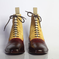 Handmade Men's Ankle High Burgundy & Tan Cap Toe Leather Suede Lace Up Boots - Thumbnail 3