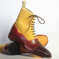 Handmade Men's Ankle High Burgundy & Tan Cap Toe Leather Suede Lace Up Boots - Thumbnail 2