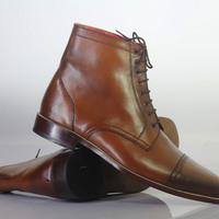 Handmade Men's Ankle High Brown Cap Toe Leather Lace Up Boots - Thumbnail 1