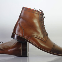 Handmade Men's Ankle High Brown Cap Toe Leather Lace Up Boots - Thumbnail 3