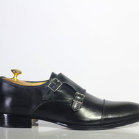 Handmade Black Cap Toe Double Monk Leather Shoes For Men's - Thumbnail 2