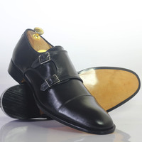 Handmade Black Cap Toe Double Monk Leather Shoes For Men's - Thumbnail 1