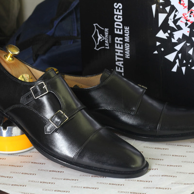 Handmade black cap toe double monk leather shoes for men's - Thumbnail 3